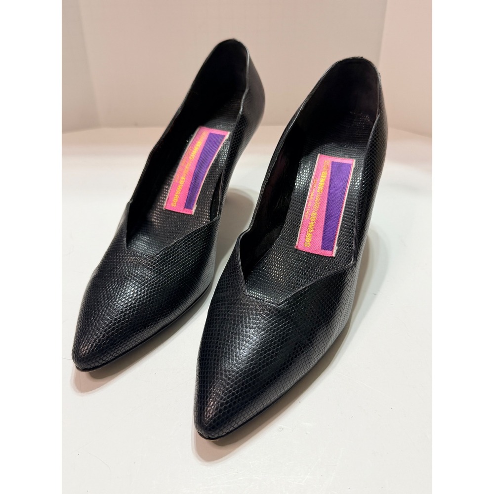 Susan Bennis Warren Edwards Black Lizard Embossed Leather Pumps Pointed Toe 8B